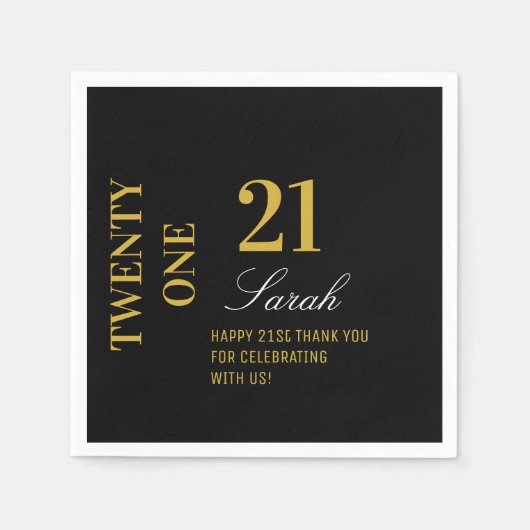 Eleganter Black & Gold 21. Geburtstag Party Cockta Serviette (Vorderseite)
