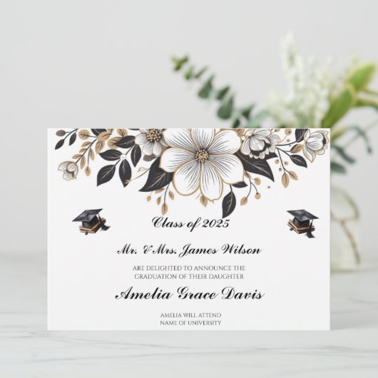 Eleganter Black & Gold Abschluss Ankündigung (Stehend Vorderseite)