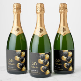 Eleganter Black Gold Ballon Chic Geburtstag Schaumweinetikett