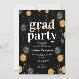 Eleganter Black & Gold Balloons Abschluss Einladung
