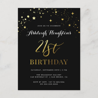 Eleganter Black & Gold Confetti 21. Geburtstag Einladungspostkarte