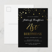 Eleganter Black & Gold Confetti 21. Geburtstag Einladungspostkarte (Vorne/Hinten)