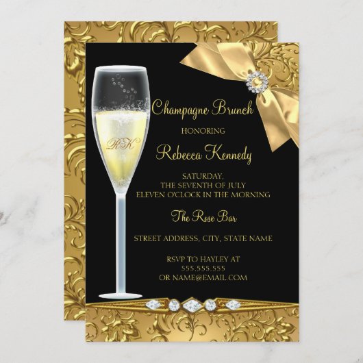 Eleganter Black Gold Damask Champagner Brunch Einl Einladung (Vorne/Hinten)