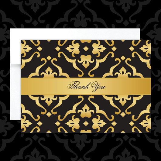 Eleganter Black & Gold Damask Dankeskarte