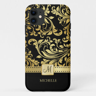 Eleganter Black & Gold Damask mit Monogramm Case-Mate iPhone Hülle