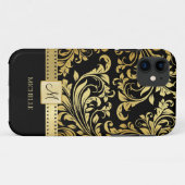 Eleganter Black & Gold Damask mit Monogramm Case-Mate iPhone Hülle (Rückseite (Horizontal))