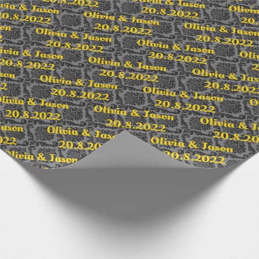 Eleganter Black Gold Damask Personalisierter Hochz Geschenkpapier (Ecke)
