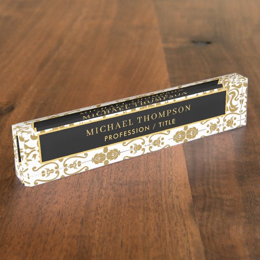 Eleganter Black Gold Damask Personalisierter Name Namensplakette (Seite)
