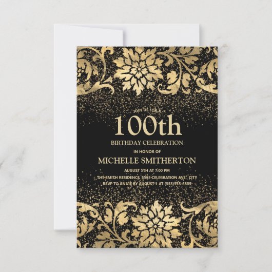 Eleganter Black Gold Floral Glitzer 100. Geburtsta Einladung (Vorderseite)