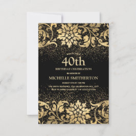 Eleganter Black Gold Floral Glitzer 40. Geburtstag Einladung