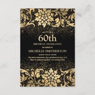 Eleganter Black Gold Floral Glitzer 60. Geburtstag Einladung