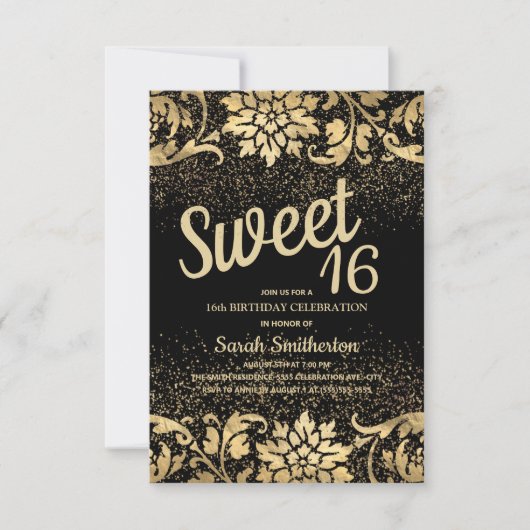 Eleganter Black Gold Floral Glitzer Sweet 16 Einladung (Vorderseite)