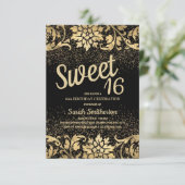 Eleganter Black Gold Floral Glitzer Sweet 16 Einladung (Stehend Vorderseite)