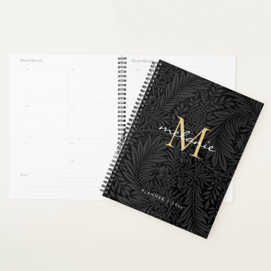 Eleganter Black Gold Floral Script Monogram Calend Planer (Anzeige)
