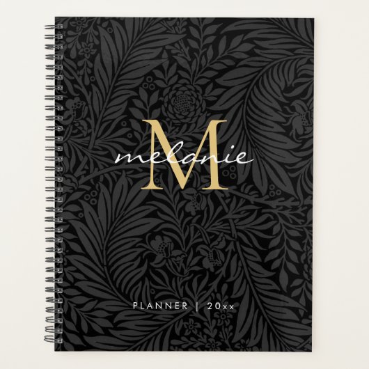 Eleganter Black Gold Floral Script Monogram Calend Planer (Vorderseite)