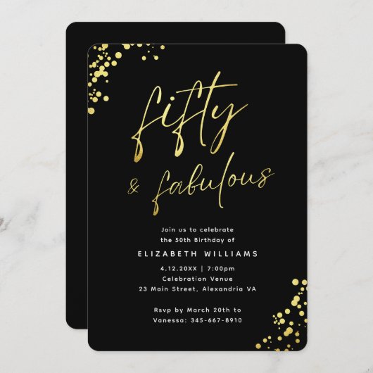 Eleganter Black Gold Fünfzig und fabelhafter Gebur Einladung (Vorne/Hinten)
