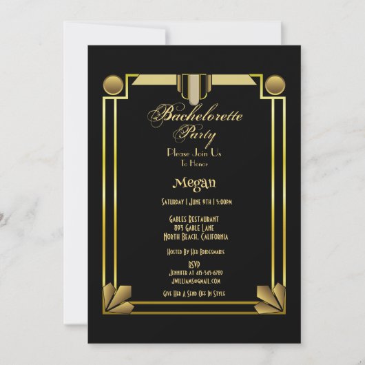 Eleganter Black & Gold Gatsby Junggeselinnen-Absch Einladung (Vorderseite)