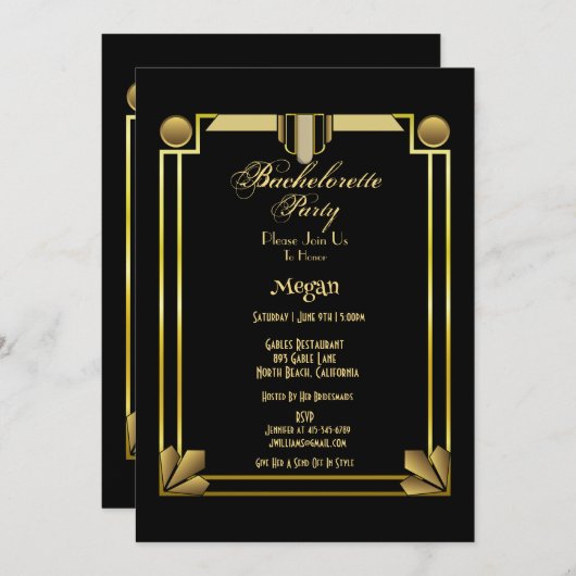 Eleganter Black & Gold Gatsby Junggeselinnen-Absch Einladung (Vorne/Hinten)