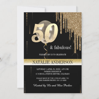 Eleganter Black Gold Glitzer 50. Geburtstagsparty Einladung
