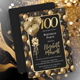 Eleganter Black Gold Glitzer Ballon 100. Geburtsta Einladung
