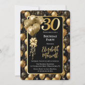 Eleganter Black Gold Glitzer Balloons 30. Geburtst Einladung (Vorderseite)