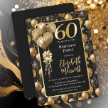 Eleganter Black Gold Glitzer Balloons 60. Geburtst Einladung<br><div class="desc">Ein festlich nahtloses Muster aus schwarz und goldfarbenen Ton,  kräftig gefärbt und Imitate Glitzer Ballons. Ideal zum Feiern Ihres 60. Geburtstags! Elegantes,  einzigartiges und glamouröses Design im Sinn.</div>