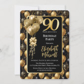 Eleganter Black Gold Glitzer Balloons 90. Geburtst Einladung (Vorderseite)
