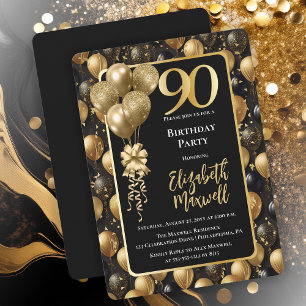 Eleganter Black Gold Glitzer Balloons 90. Geburtst Einladung