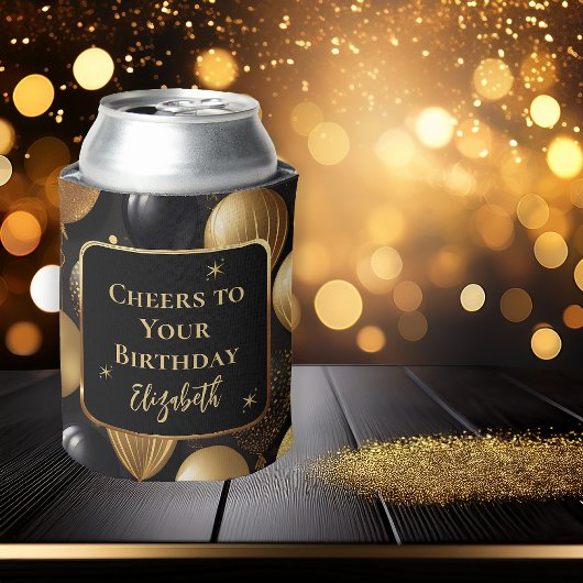 Eleganter Black Gold Glitzer Birthday Balloons Dosenkühler