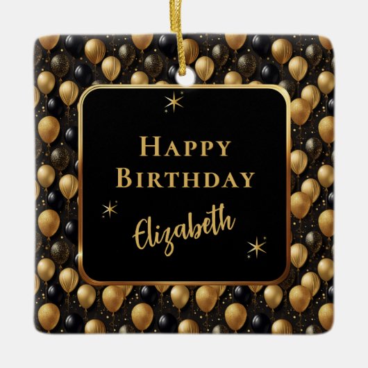 Eleganter Black Gold Glitzer Birthday Balloons Keramikornament (Vorderseite)