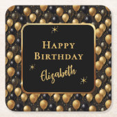 Eleganter Black Gold Glitzer Birthday Balloons Rechteckiger Pappuntersetzer (Vorderseite)
