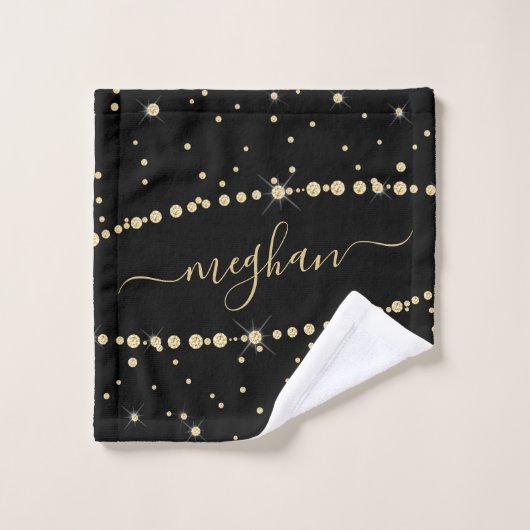 Eleganter Black Gold Glitzer Confetti Mit Monogram Badhandtuch Set (Waschlappen)