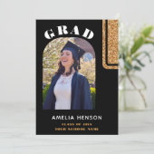 Eleganter Black Gold Glitzer Grad Foto Abschluss Ankündigung (Stehend Vorderseite)