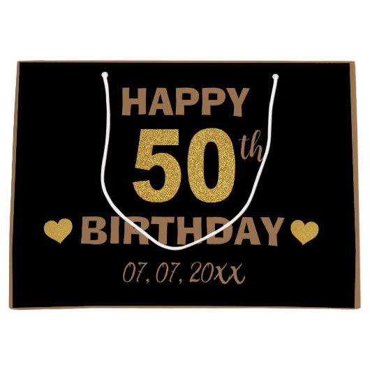 Eleganter Black & Gold Glitzer Happy 50. Geburtsta Große Geschenktüte (Vorderseite)