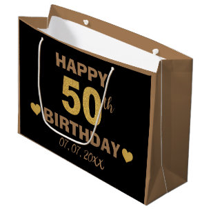 Eleganter Black & Gold Glitzer Happy 50. Geburtsta Große Geschenktüte