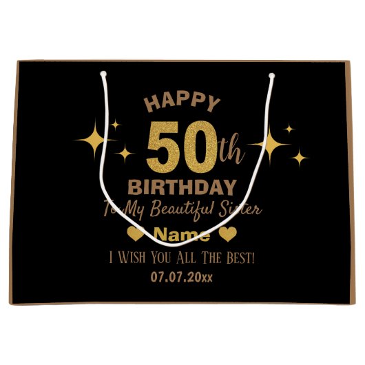 Eleganter Black & Gold Glitzer Happy 50. Geburtsta Große Geschenktüte (Vorderseite)