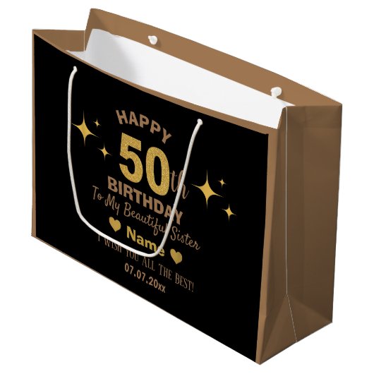Eleganter Black & Gold Glitzer Happy 50. Geburtsta Große Geschenktüte (Vorderseite Schrägansicht)