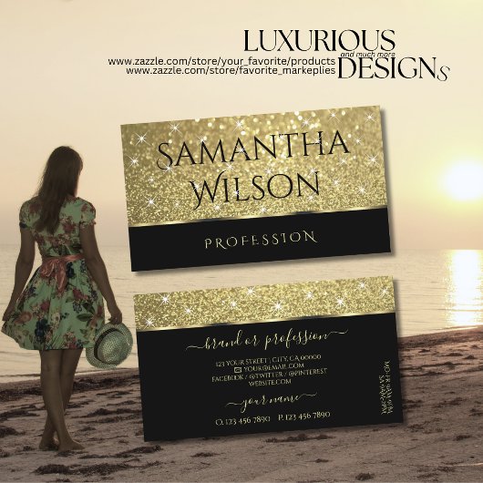 Eleganter Black Gold Glitzer Leuchtende Sterne Ext Visitenkarte