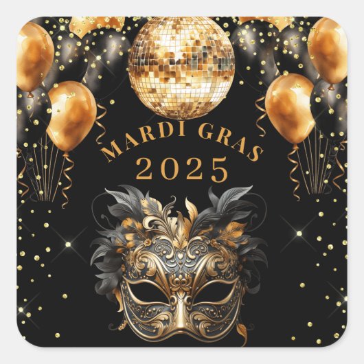 Eleganter Black Gold Glitzer Mardi Gras 2025 Quadratischer Aufkleber (Vorderseite)