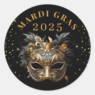 Eleganter Black Gold Glitzer Mardi Gras 2025 Runder Aufkleber