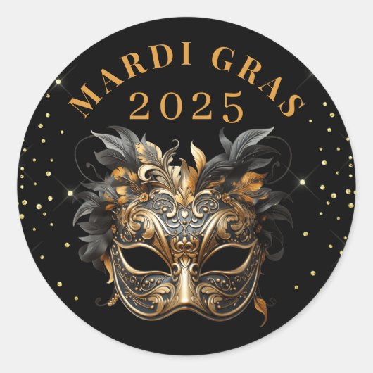 Eleganter Black Gold Glitzer Mardi Gras 2025 Runder Aufkleber (Vorderseite)
