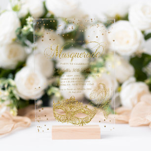 Eleganter Black Gold Glitzer Masquerade Geburtstag Acryleinladungen