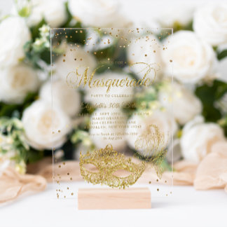 Eleganter Black Gold Glitzer Masquerade Geburtstag Acryleinladungen