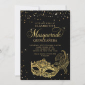 Eleganter Black Gold Glitzer Masquerade Quinceañer Einladung (Vorderseite)