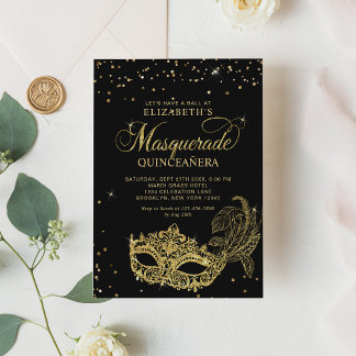 Eleganter Black Gold Glitzer Masquerade Quinceañer Einladung
