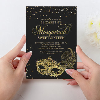 Eleganter Black Gold Glitzer Masquerade Sweet 16 Einladung