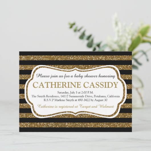 Eleganter Black & Gold Glitzer Stripes Kinderdusch Einladung (Stehend Vorderseite)