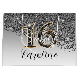 Eleganter Black & Gold Glitzer Sweet 16 Geburtstag Große Geschenktüte