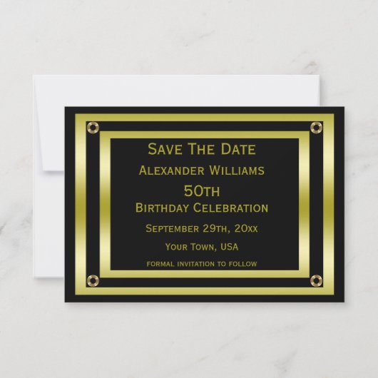 Eleganter Black & Gold Man's 50. Save the Date (Rückseite)