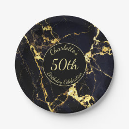 Eleganter Black & Gold Marmor 50. Geburtstag Pappteller